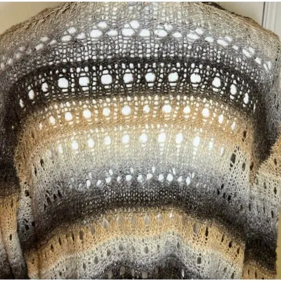Black, Cream, Gray Open Front Neutral Striped Knit Crochet Cardigan Sweater 1X - Picture 3 of 10
